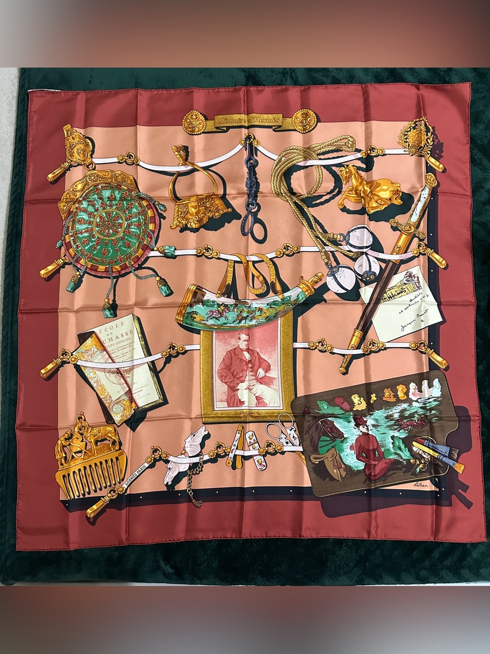 Hermes Printed Silk Scarf with Equestrian & Vintage Motif